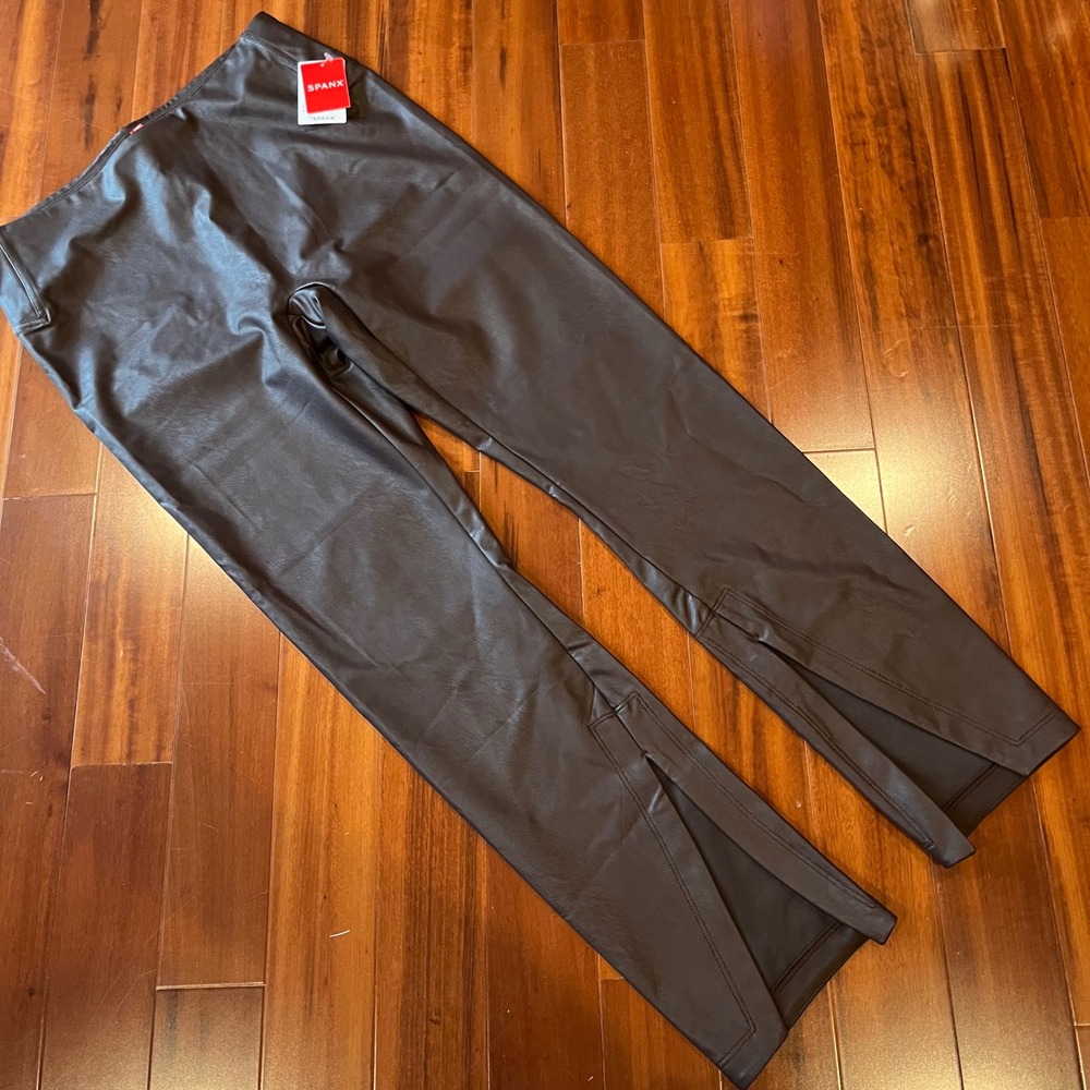 SPANX‎ Brown Leather Pants Faux Front Slit Leather-Like Cherry Chocolate New XL